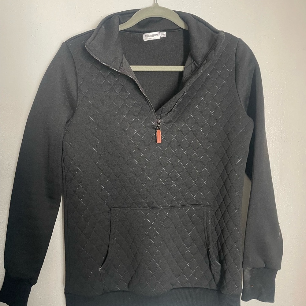 Black Quilted Sweatshirt with Quarter-Zip